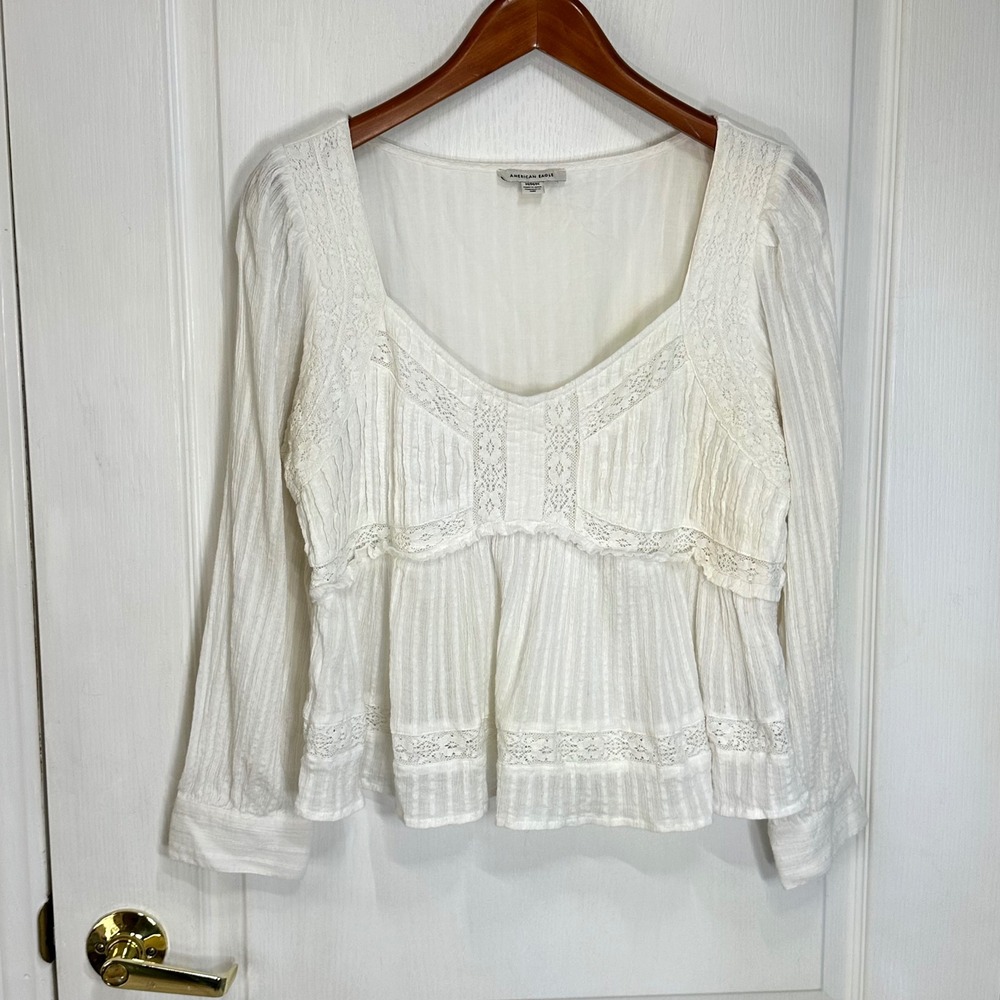 American Eagle White Cotton Lace Peplum Blouse Long Sleeve M 9312678854 - Picture 9 of 9